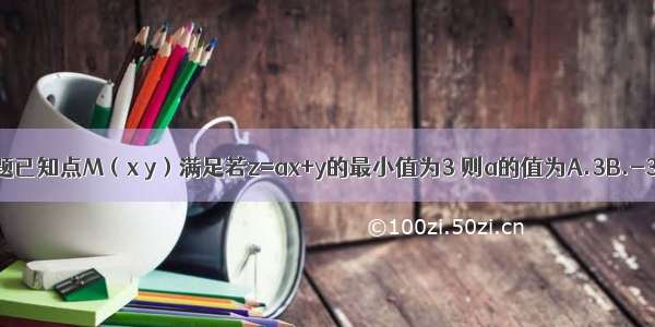 单选题已知点M（x y）满足若z=ax+y的最小值为3 则a的值为A.3B.-3C.-