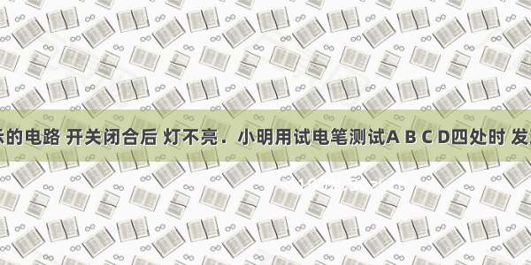 如图所示的电路 开关闭合后 灯不亮．小明用试电笔测试A B C D四处时 发现只有在