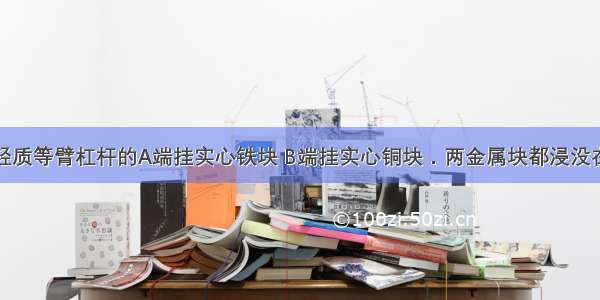 如图所示 轻质等臂杠杆的A端挂实心铁块 B端挂实心铜块．两金属块都浸没在水中时 杠