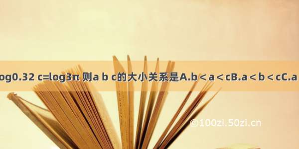 设a=（）0.5 b=log0.32 c=log3π 则a b c的大小关系是A.b＜a＜cB.a＜b＜cC.a＞b＞cD.a＜c＜b