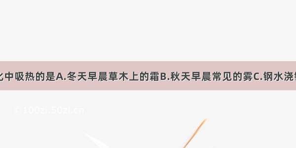 下列物态变化中吸热的是A.冬天早晨草木上的霜B.秋天早晨常见的雾C.钢水浇铸成火车轮D.