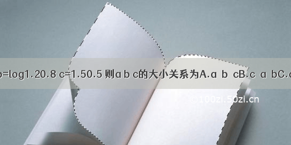 已知a=log0.20.3 b=log1.20.8 c=1.50.5 则a b c的大小关系为A.a＞b＞cB.c＞a＞bC.a＞c＞bD.c＞b＞a