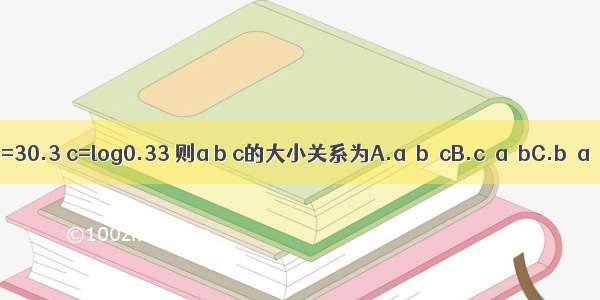 已知a=0.33 b=30.3 c=log0.33 则a b c的大小关系为A.a＜b＜cB.c＜a＜bC.b＜a＜cD.c＜b＜a