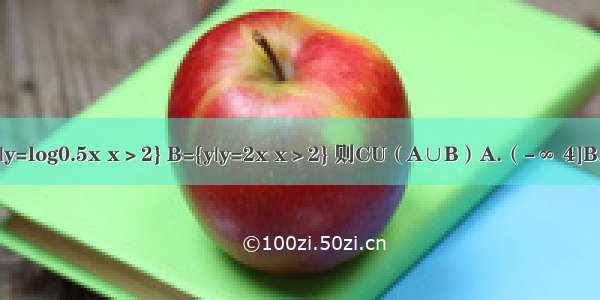 已知全集U=R 集合A={y|y=log0.5x x＞2} B={y|y=2x x＞2} 则CU（A∪B）A.（-∞ 4]B.[-1 4]C.（-1 4）D.[1 +