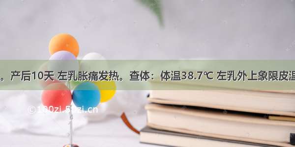 女性 30岁。产后10天 左乳胀痛发热。查体：体温38.7℃ 左乳外上象限皮温高 红肿有