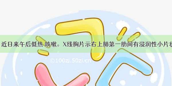 女性 23岁 近日来午后低热 咳嗽。X线胸片示右上肺第一肋间有浸润性小片状阴影。体