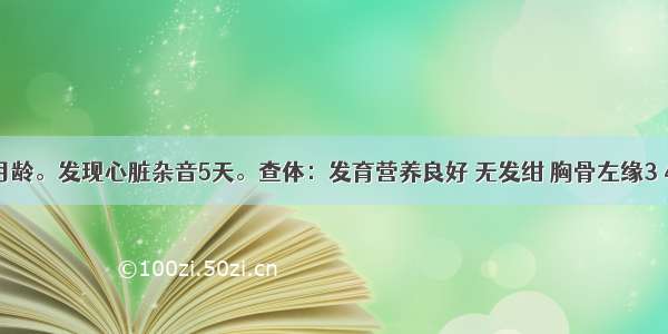 女性 5个月龄。发现心脏杂音5天。查体：发育营养良好 无发绀 胸骨左缘3 4肋间可闻