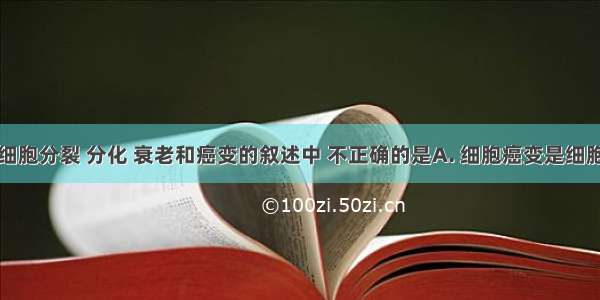 下列关于细胞分裂 分化 衰老和癌变的叙述中 不正确的是A. 细胞癌变是细胞高度分化