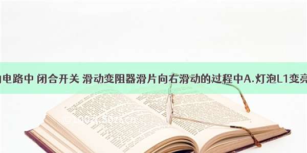 如图所示的电路中 闭合开关 滑动变阻器滑片向右滑动的过程中A.灯泡L1变亮 L2亮度不