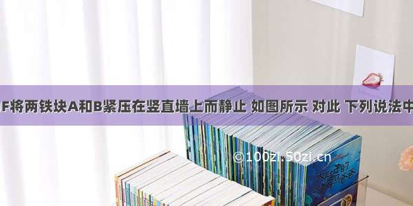 用一水平力F将两铁块A和B紧压在竖直墙上而静止 如图所示 对此 下列说法中正确的是A