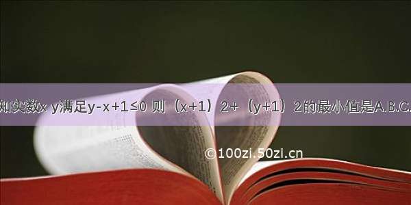 已知实数x y满足y-x+1≤0 则（x+1）2+（y+1）2的最小值是A.B.C.D.2