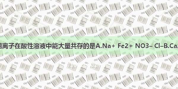 下列的各组离子在酸性溶液中能大量共存的是A.Na+ Fe2+ NO3– Cl–B.Ca2+ K+ Cl–